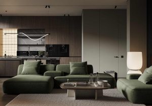 style heaven. beautiful living room interior with green sofa.