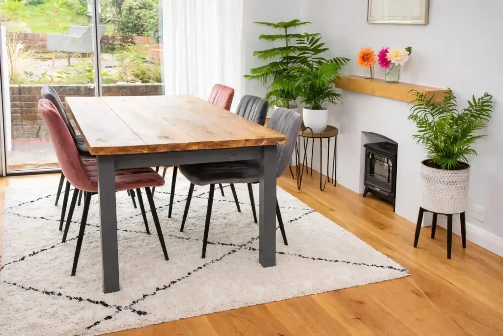 Bright modern dining room with wooden table, upholstered chairs and indoor plants near sliding glass doors