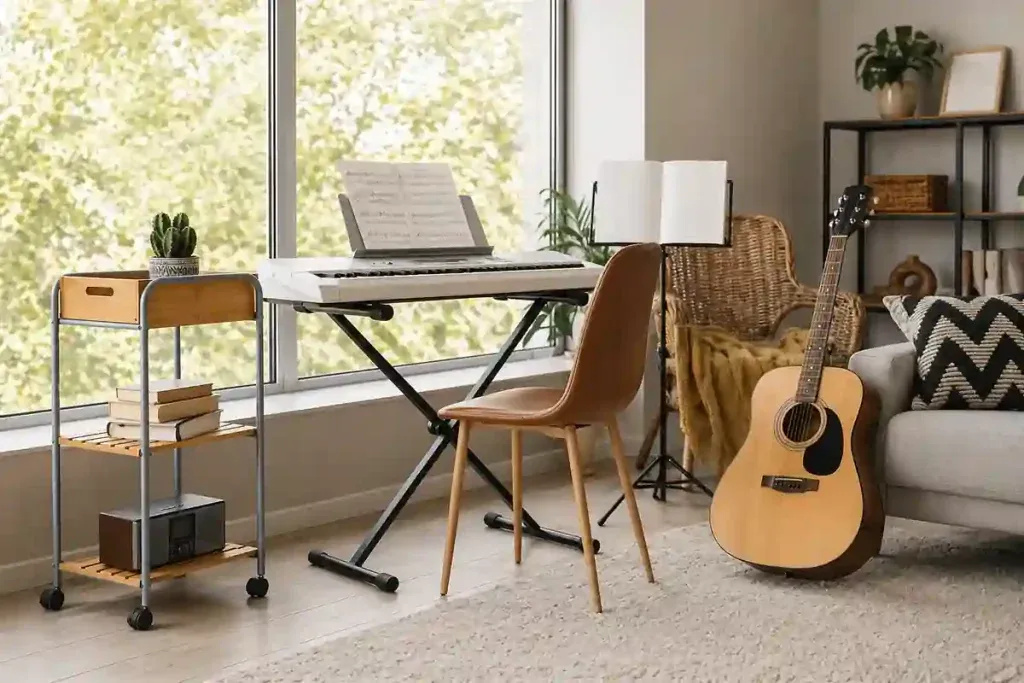 Bright home music corner with keyboard, guitar, wooden chair, and indoor plants near window